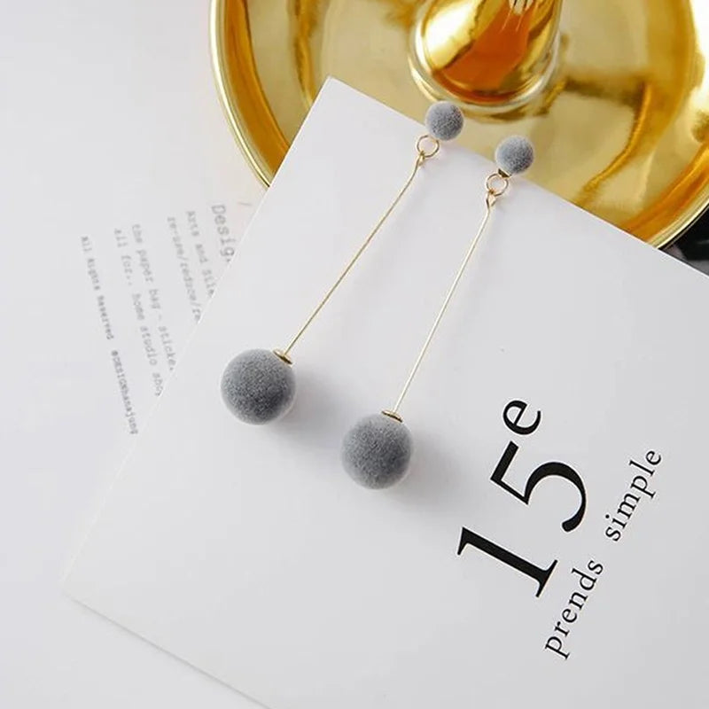 Cute Double Faux Fur Ball Dangle Drop Earrings