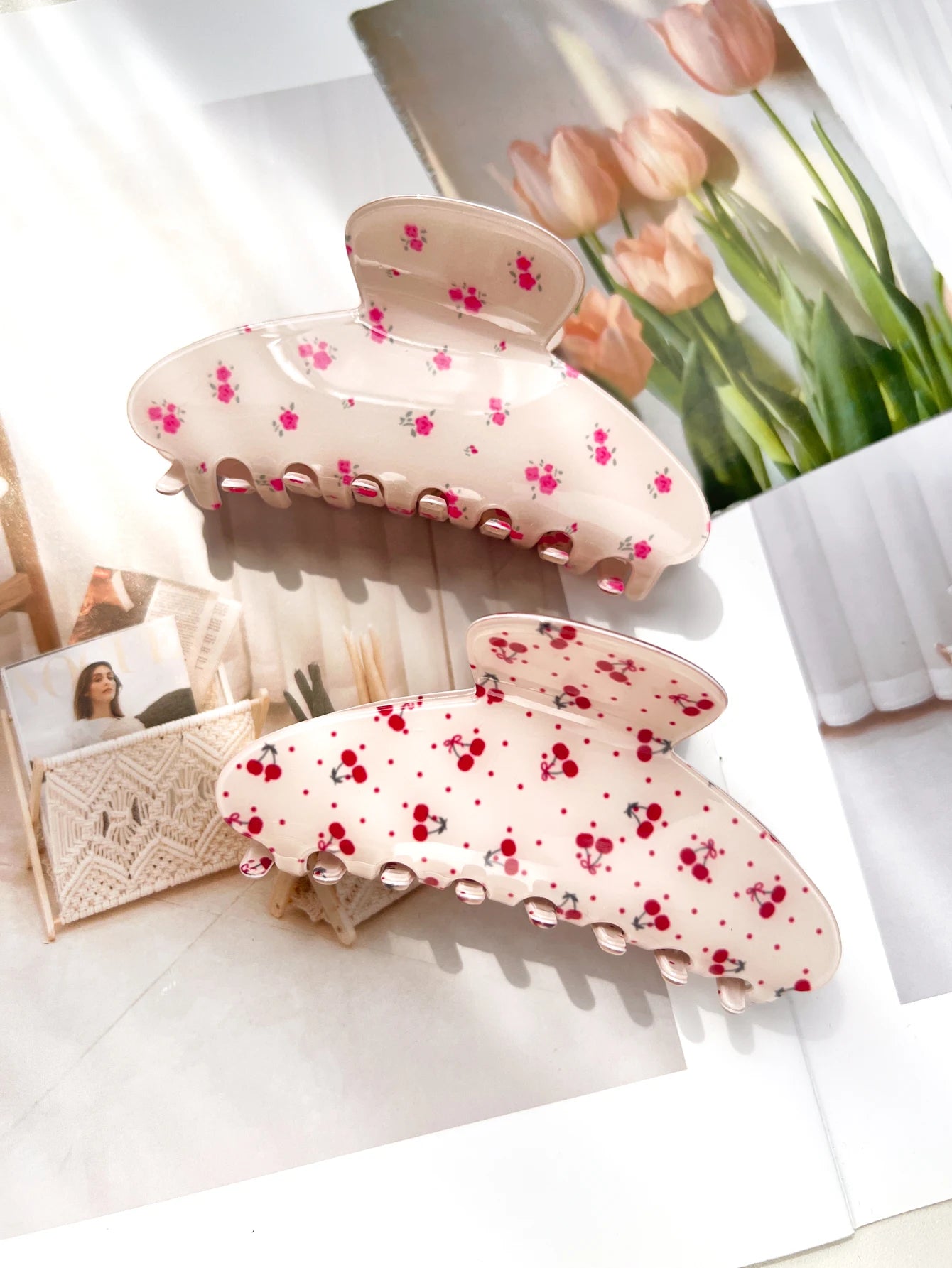 Pink Sweet Elegant Floral Cherry Hair Claw Clip Set