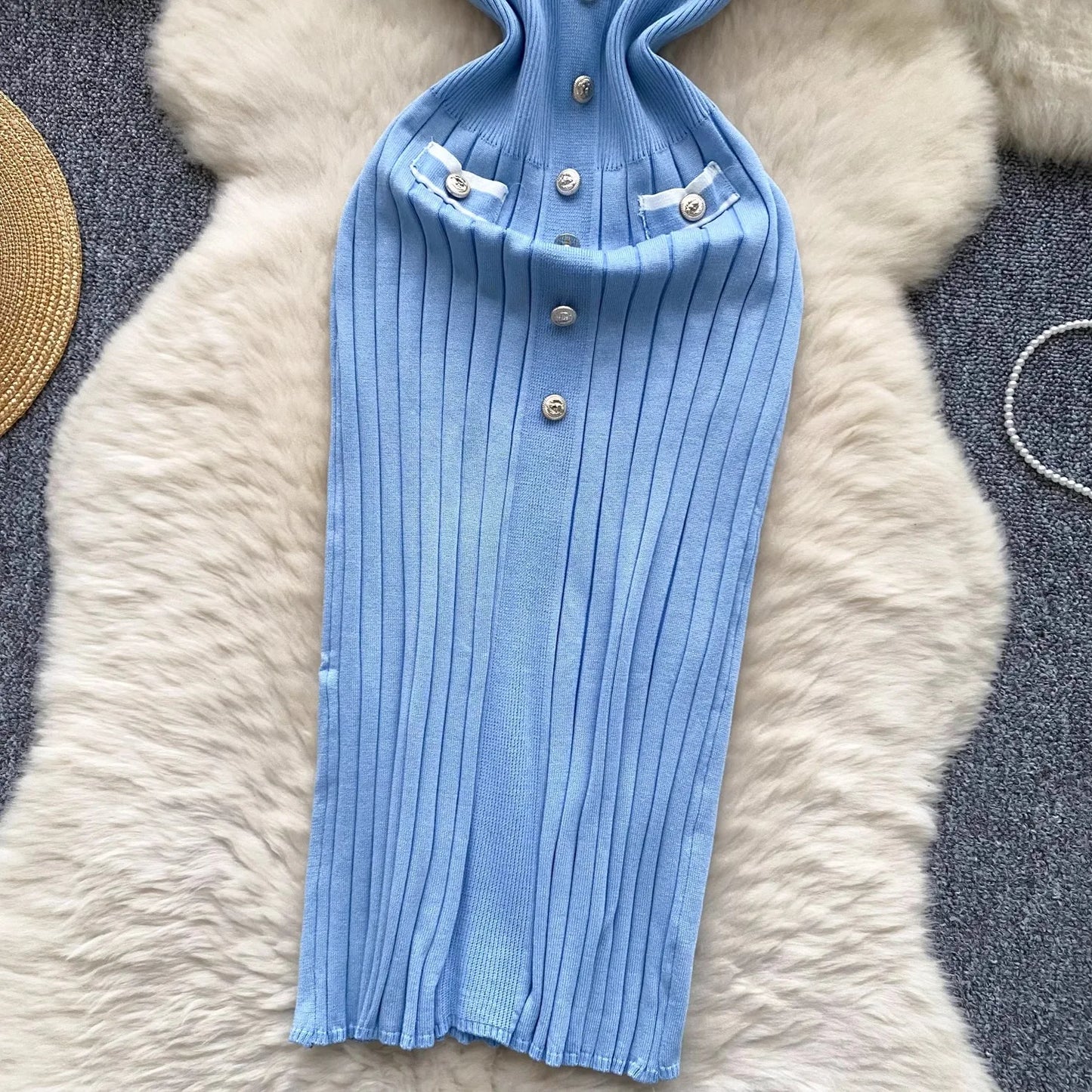Knitted Dress Women V-neck Short Sleeve Bodycon