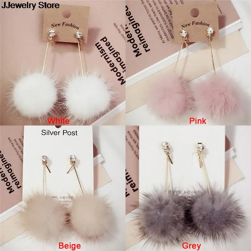 1Pair Soft Fur Ball PomPom Long Drop Earrings