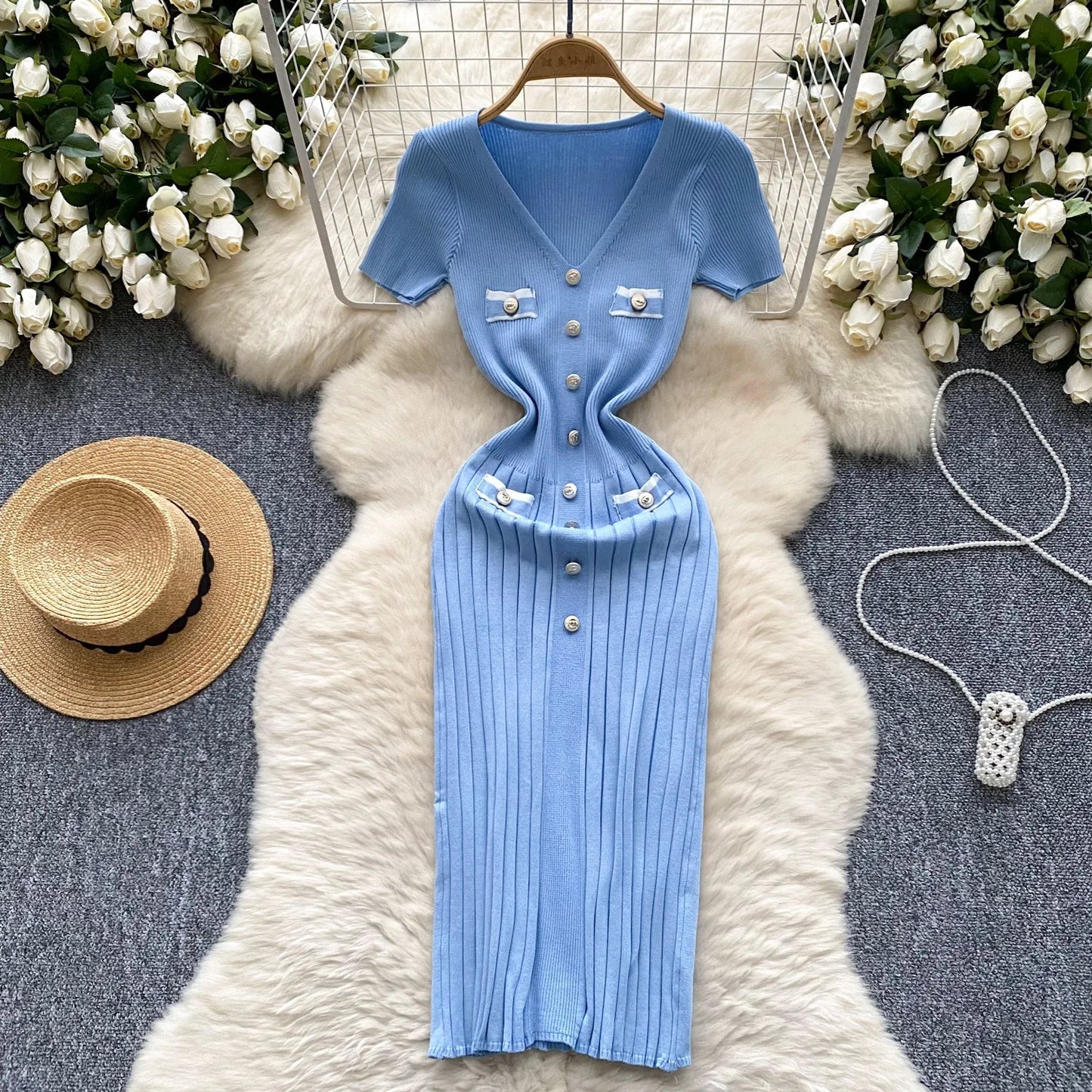 Knitted Dress Women V-neck Short Sleeve Bodycon
