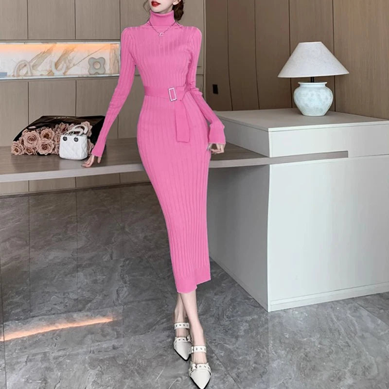 Maxi Dress 2024 Autumn Winter Turtleneck Sweater Dress