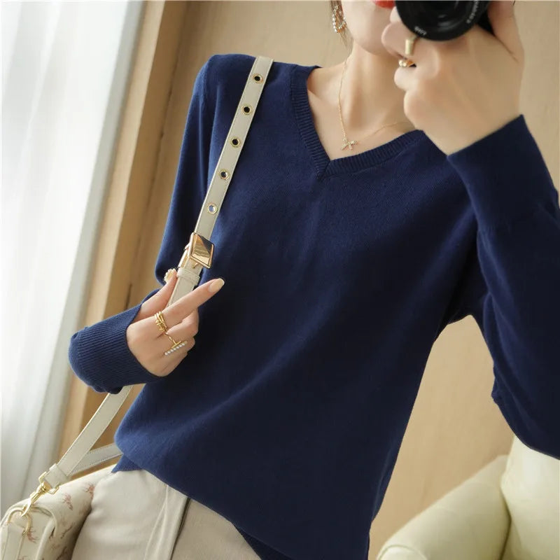 V-neck Knitted Sweater 100% Long Staple Cotton