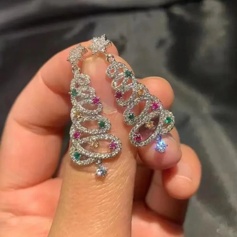 Zircon Christmas Tree Earrings Rhinestone Xmas Tree