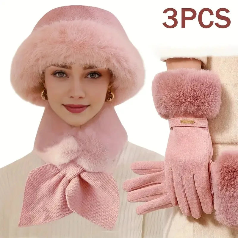 3Pcs Women Winter Warm Furry Hat Gloves Scarf Hat Set