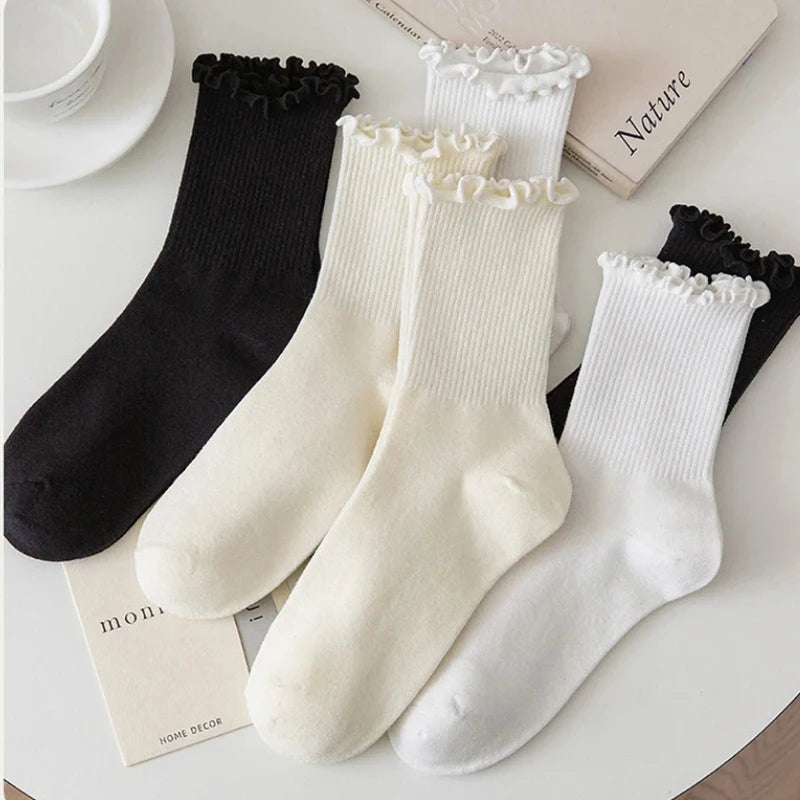 5 pair /Lot Socks for Women Ruffle Cotton Middle Tube Ankle