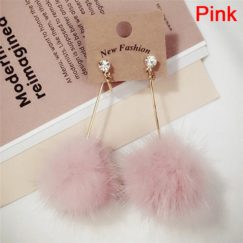 1Pair Soft Fur Ball PomPom Long Drop Earrings