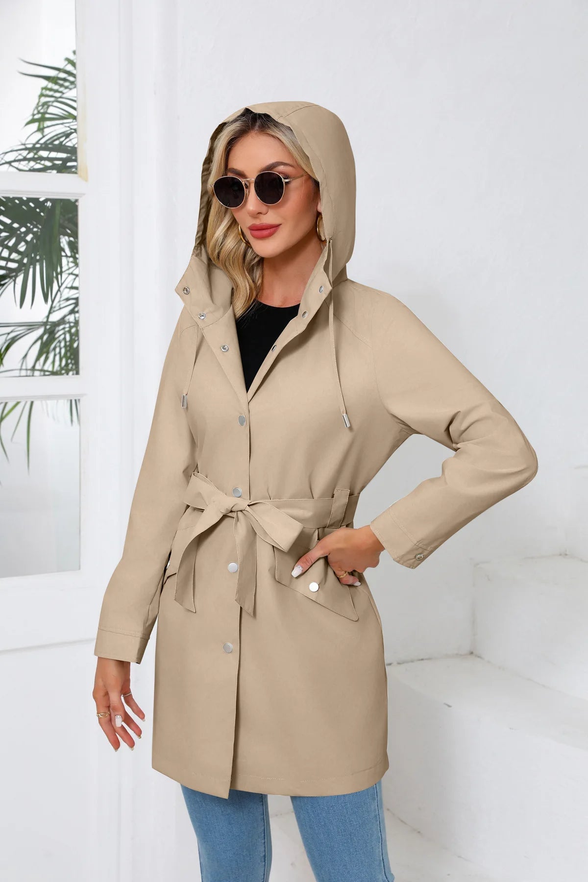 Hooded Water-repellent Jacket with Belt Thin Casual Loose Trench Coat