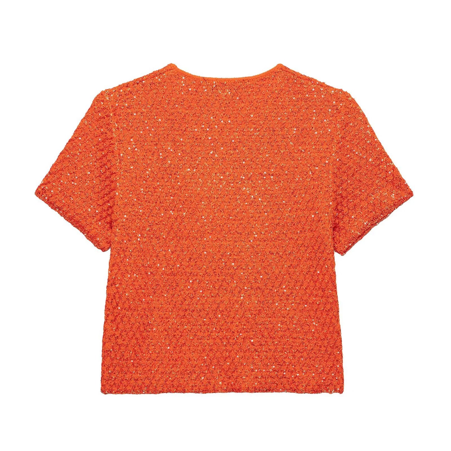 Simple Bead Decoration Round Neck Short Sleeve Knitted Top
