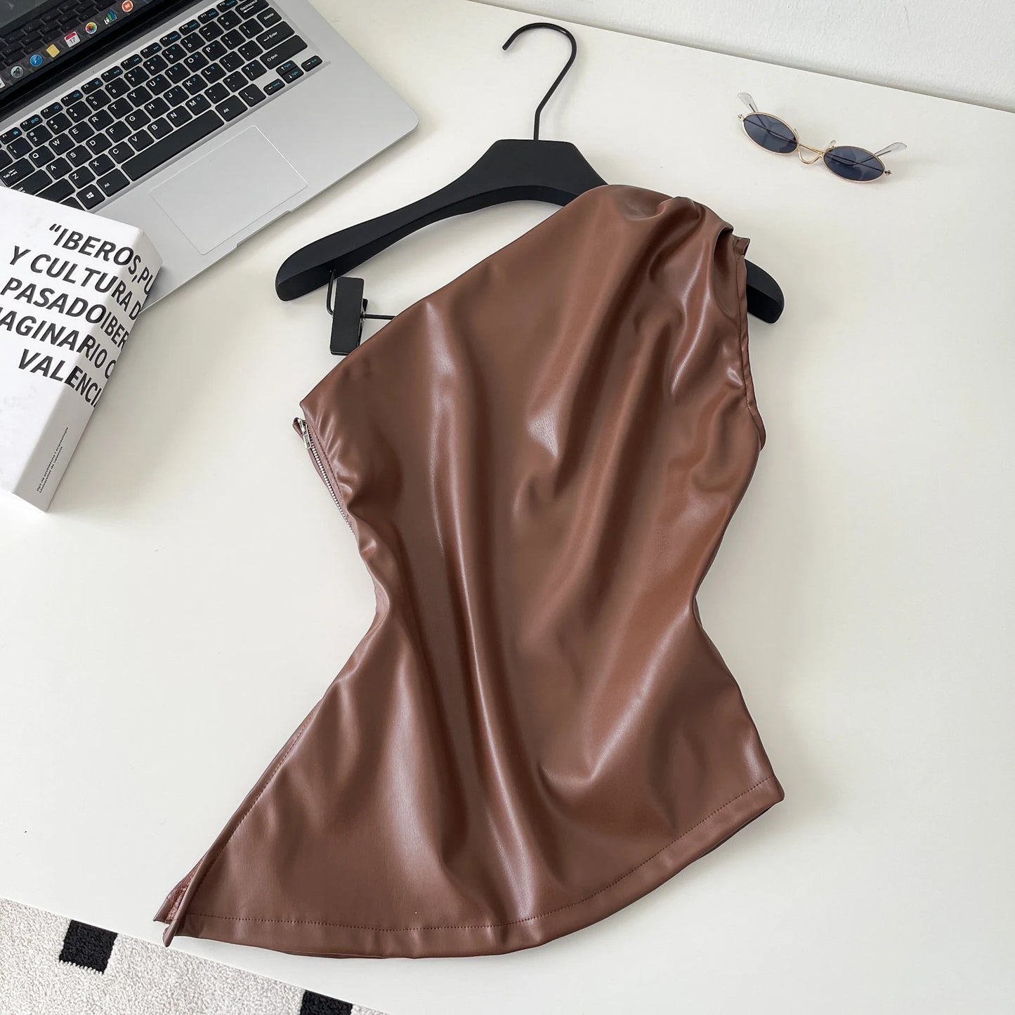SINGREINY One Shoulder PU Leather Tank