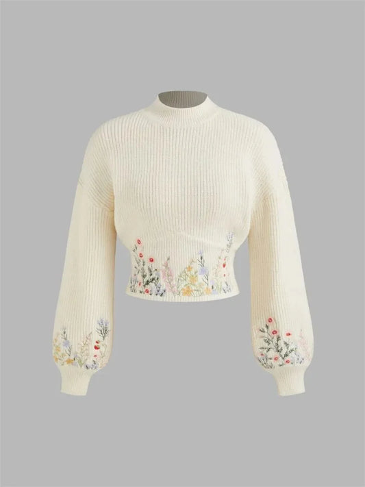 Casual Floral Embroidery Lantern Long Sleeve