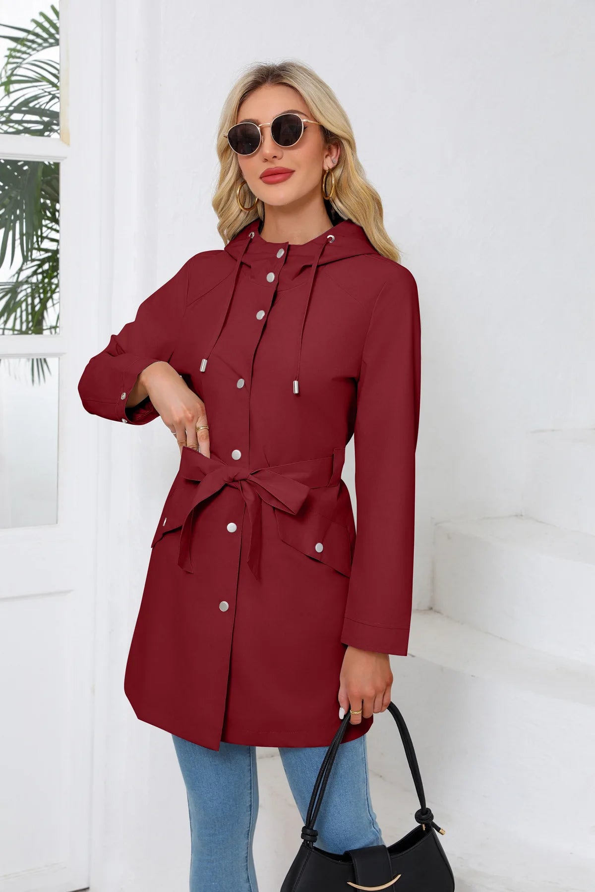 Hooded Water-repellent Jacket with Belt Thin Casual Loose Trench Coat
