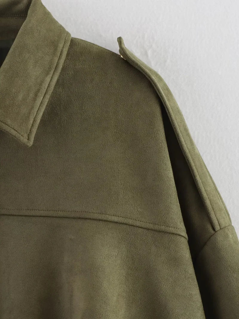 women's suede texture effect Loose version of fashion lapel shoulder bomber jacket