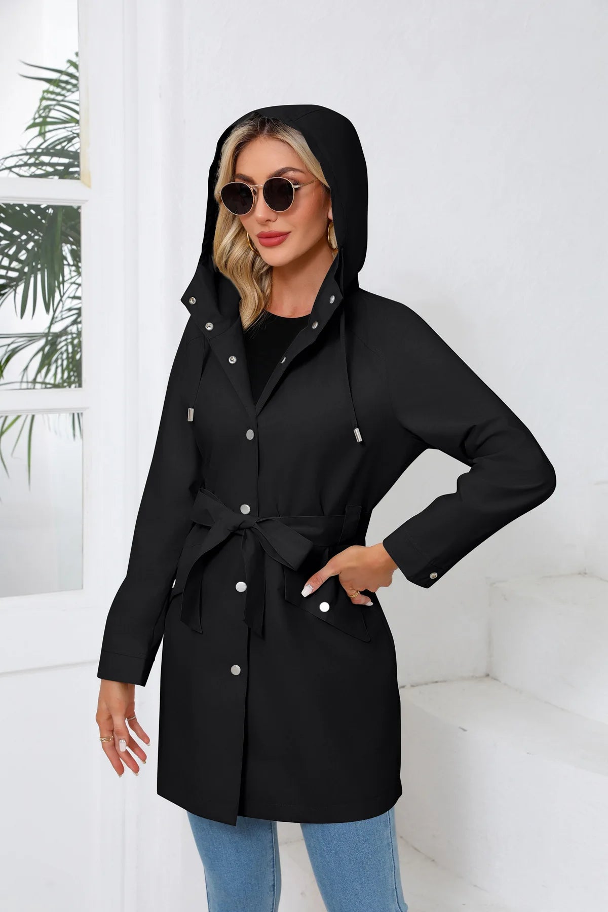 Hooded Water-repellent Jacket with Belt Thin Casual Loose Trench Coat