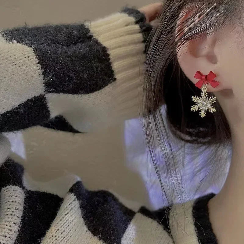 2024 New Red Bow Knot Snowflakes Drop Earring