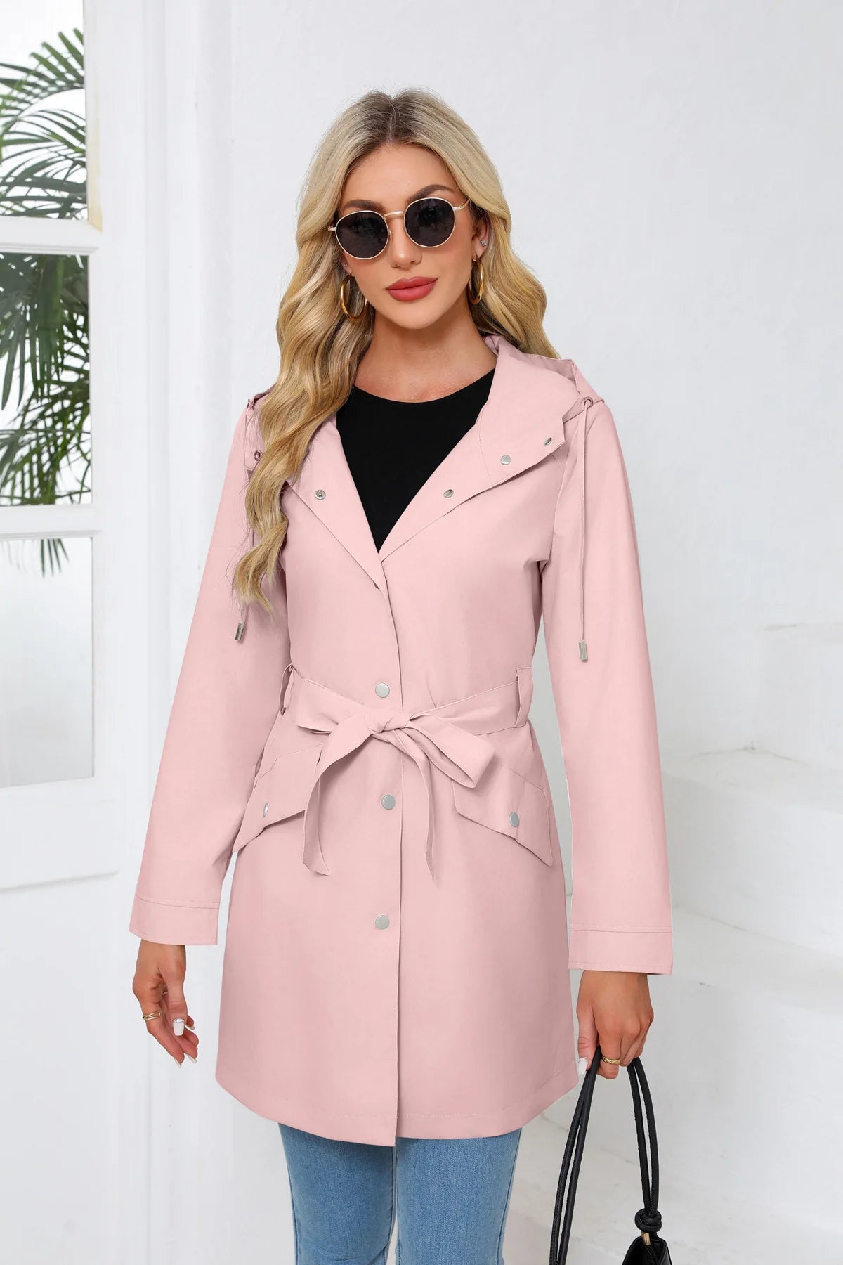Hooded Water-repellent Jacket with Belt Thin Casual Loose Trench Coat