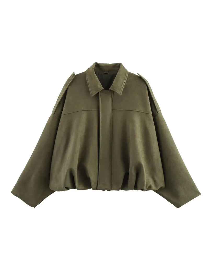 women's suede texture effect Loose version of fashion lapel shoulder bomber jacket
