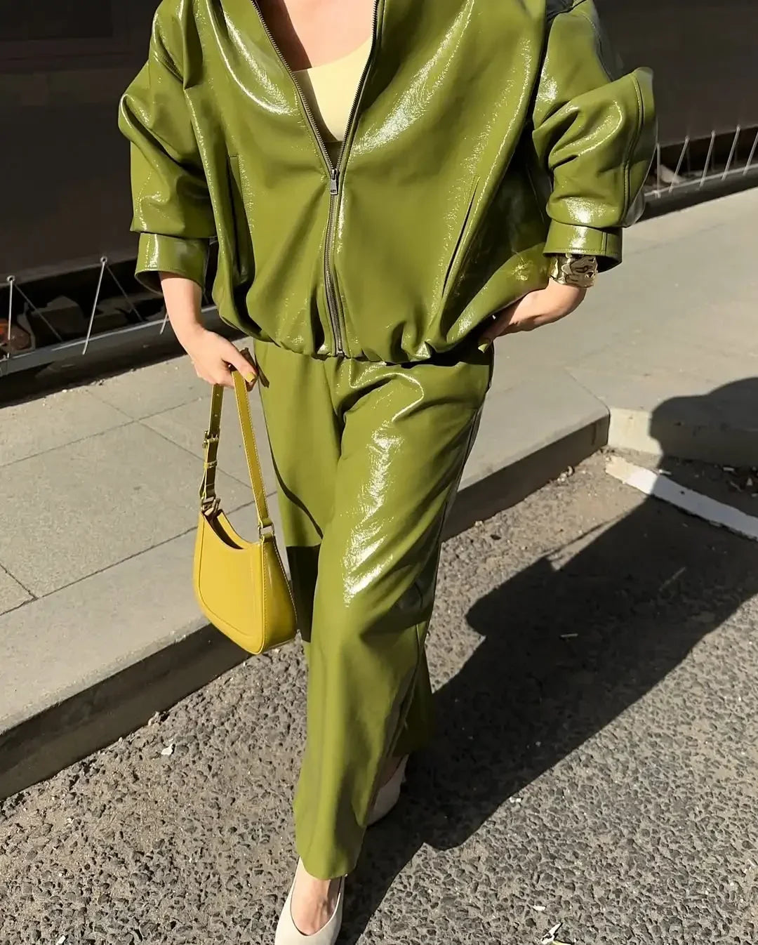 Olive Green Solid Leather Jacket