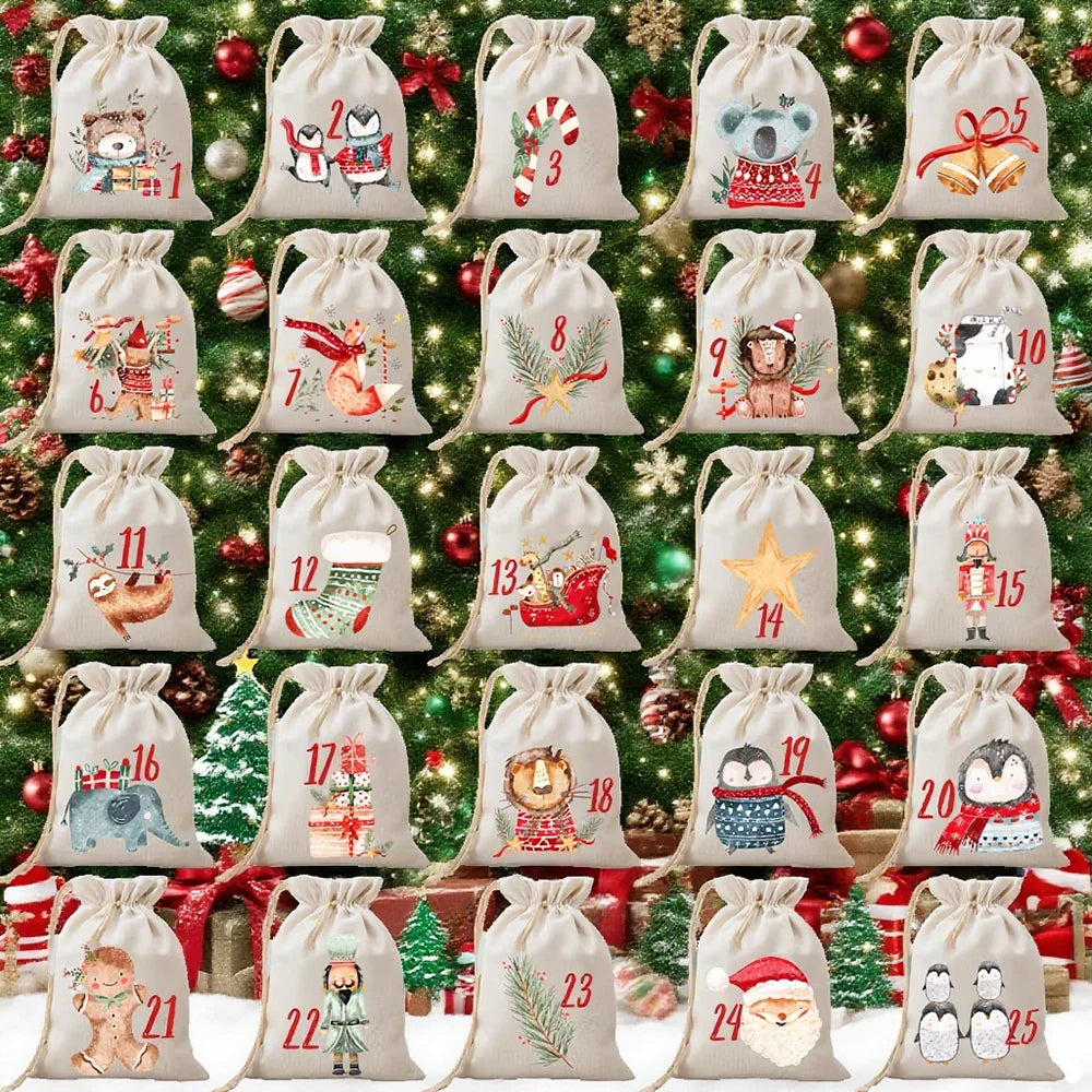 25pcs 13x18cm Advent Calendar gift Bags Winter Christmas 25 Iron-on Transfers Bags Christmas Decorations gift for kids party