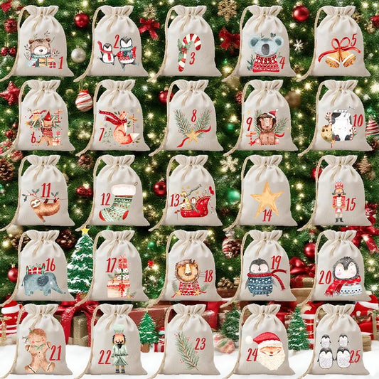 25pcs 13x18cm Advent Calendar gift Bags Winter Christmas 25 Iron-on Transfers Bags Christmas Decorations gift for kids party