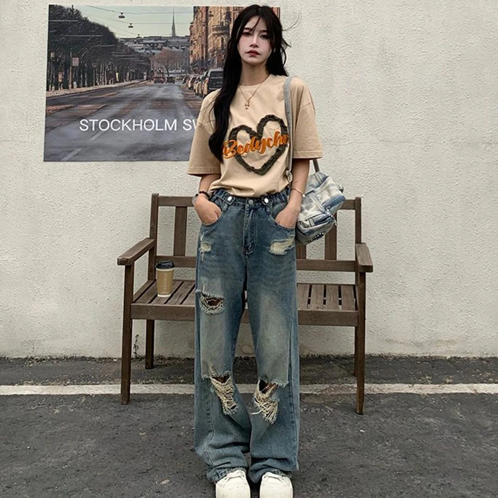 American Retro Hole-punched Jeans