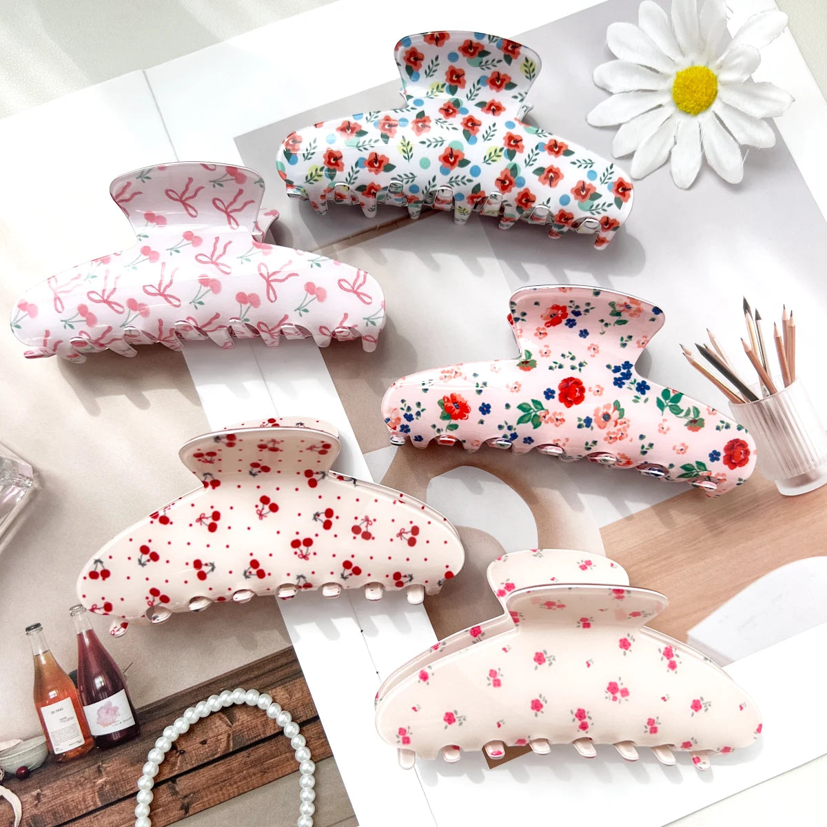 Pink Sweet Elegant Floral Cherry Hair Claw Clip Set