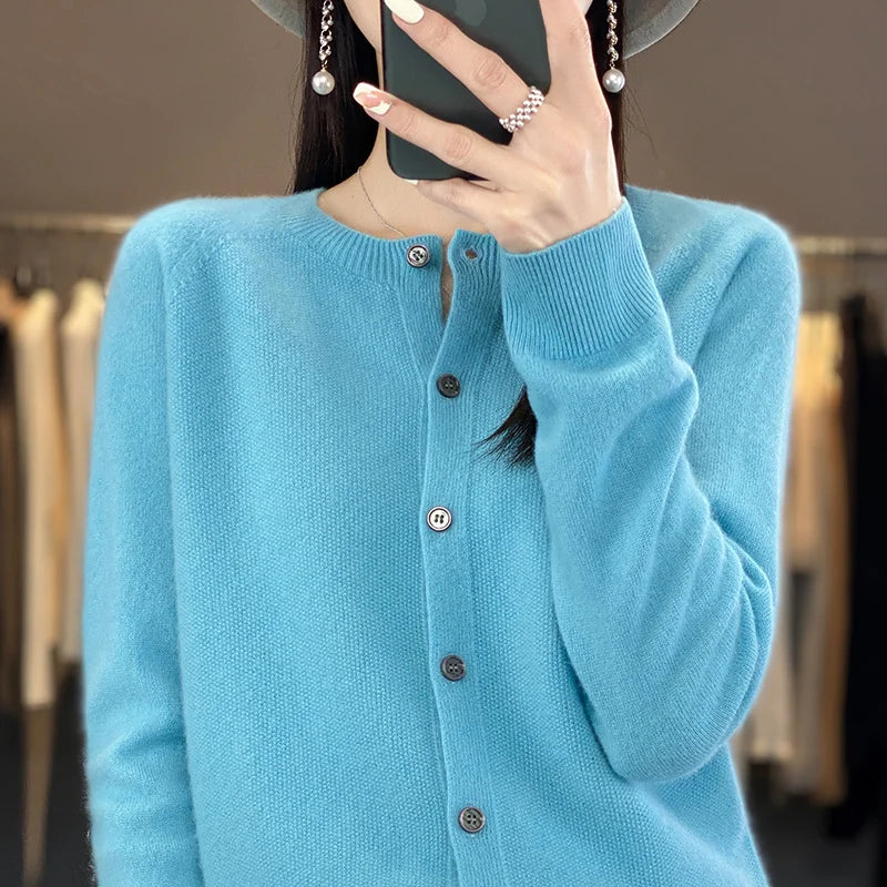 Cardigan Sweater O-Neck Button 100% Merino Wool
