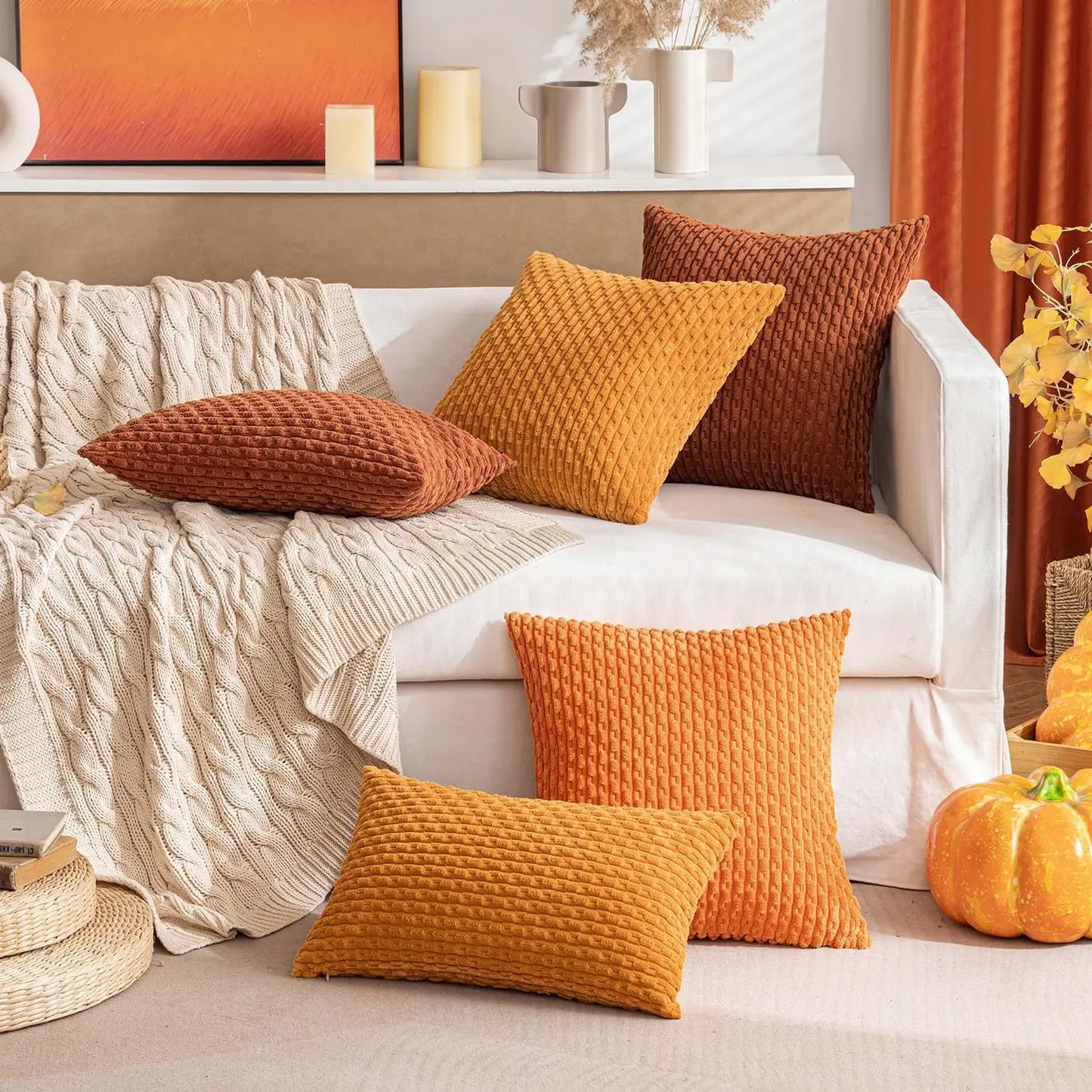 Fall Decorative Throw Pillow Covers Soft Corduroy Boho Striped Pillow Covers Pillowcases Farmhouse Home Decor for Couch Bed Sofa