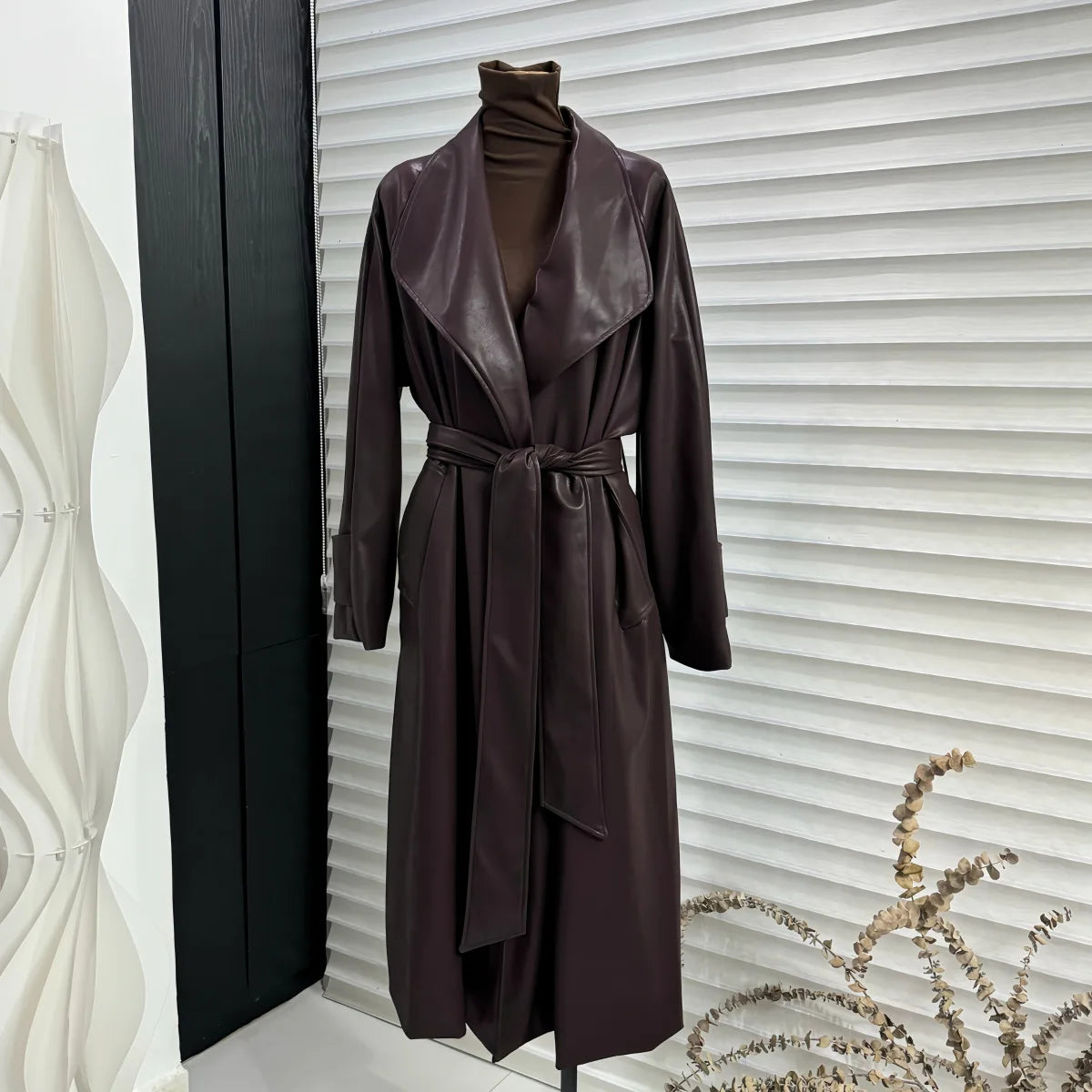 French temperament large lapel collar medium and long leather jacket