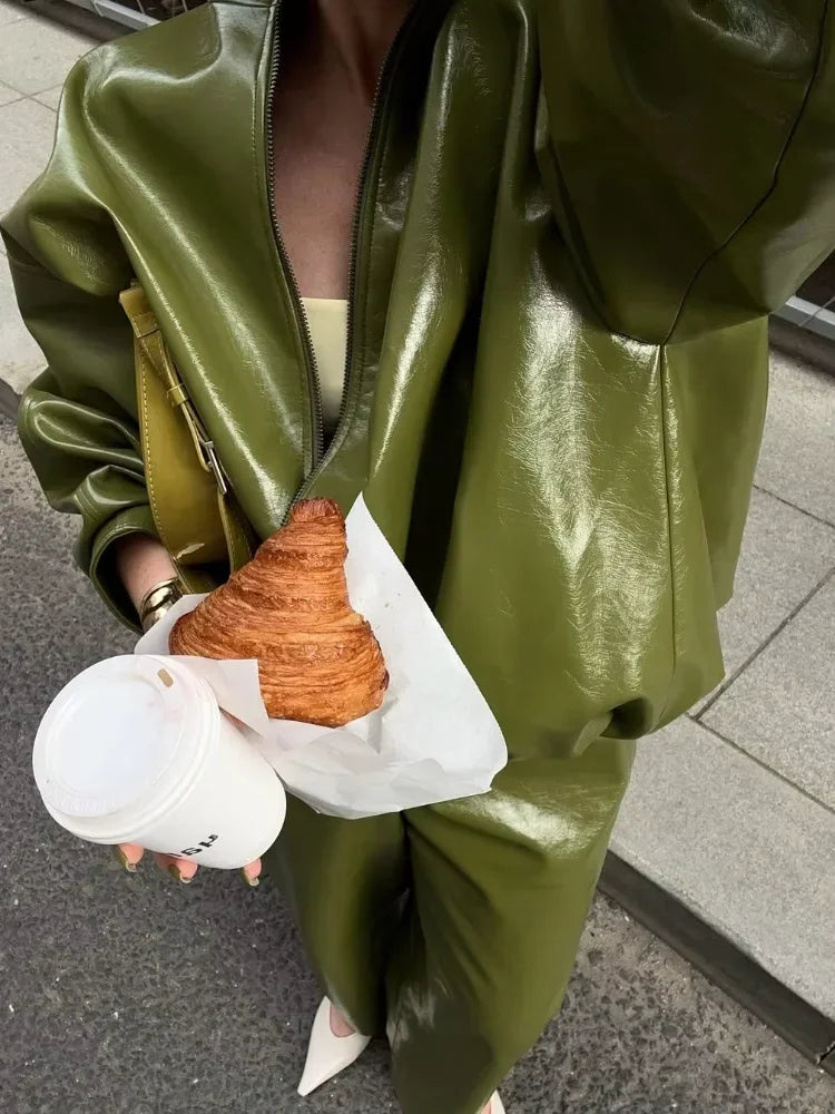 Olive Green Solid Leather Jacket