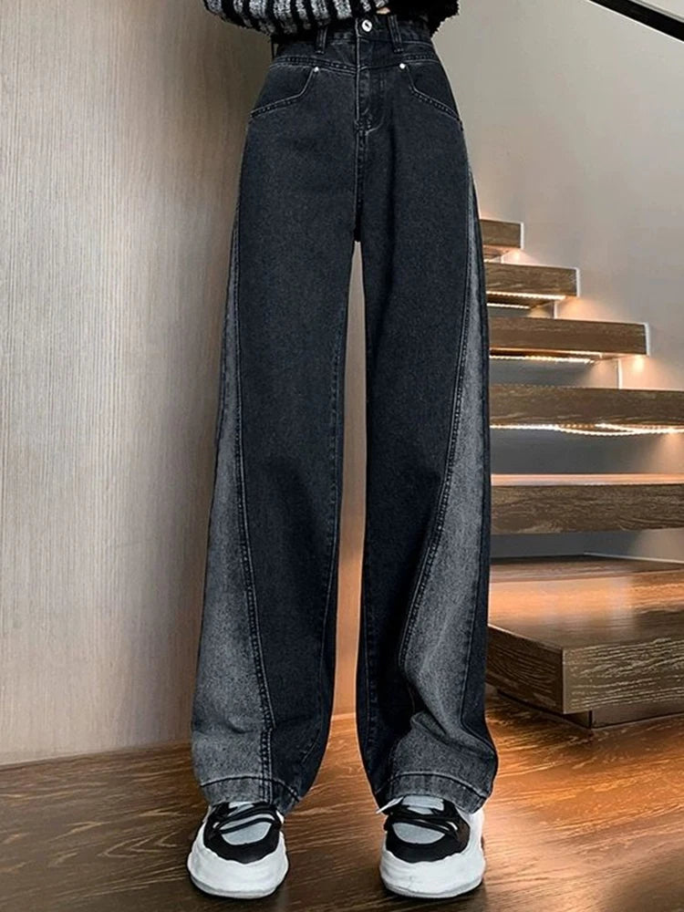 Woman High Waist Jeans Lady American High Street Patchwork