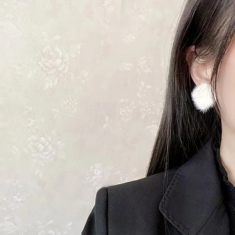 KADRUFI Women Korean Fashion Winter White Plush Stud Earrings