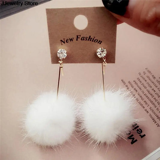 1Pair Soft Fur Ball PomPom Long Drop Earrings