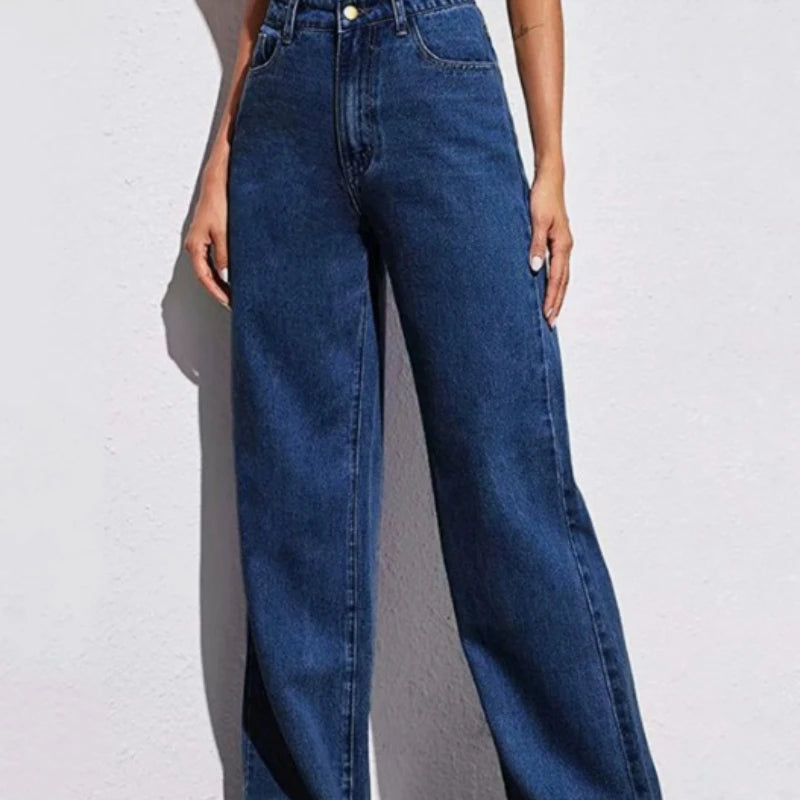 Wide-legged High-waisted Straight Tube, Thin and Drape Jeans