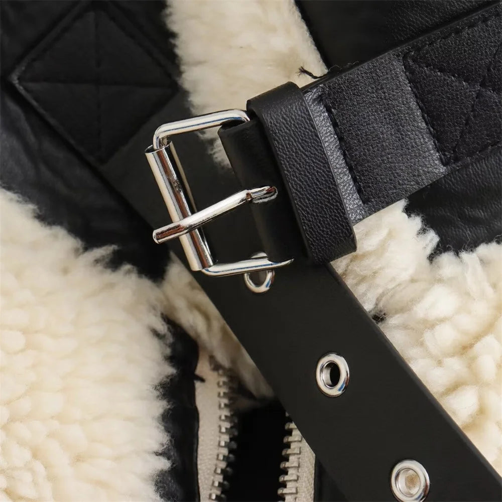 Artificial Fur Effect Motorcycle Jacket Coat with Fur Integration