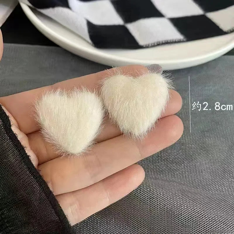 KADRUFI Women Korean Fashion Winter White Plush Stud Earrings