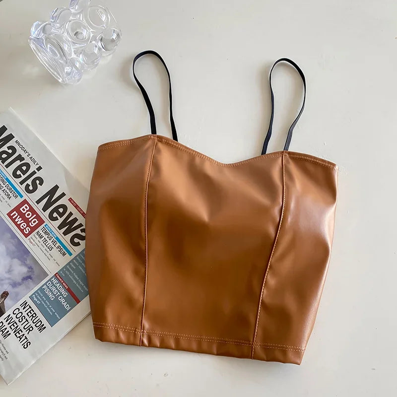Women PU leather camis underwear padded bra