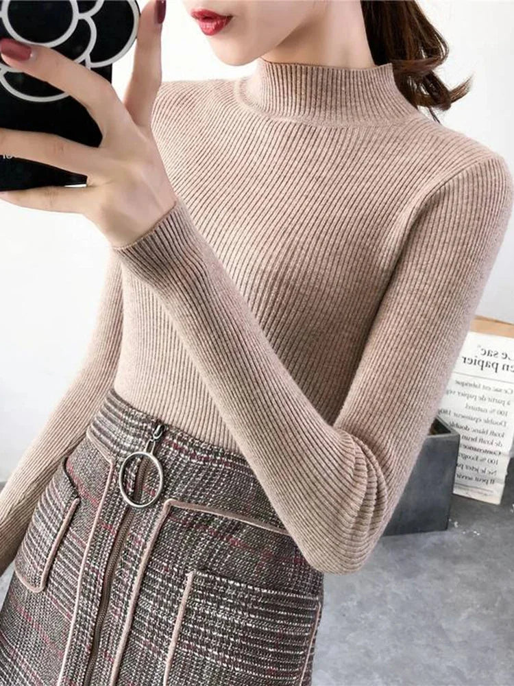 Autumn Winter Mock Neck Women Sweater Vintage Basic