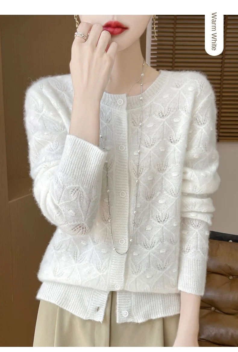 Round Neck Hollowed Out 100 Wool Knitted Cardigan