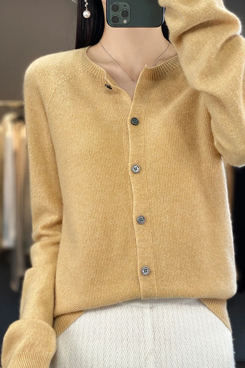Cardigan Sweater O-Neck Button 100% Merino Wool
