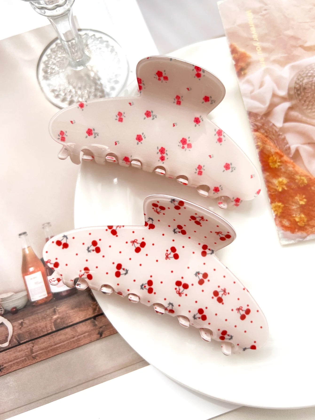 Pink Sweet Elegant Floral Cherry Hair Claw Clip Set