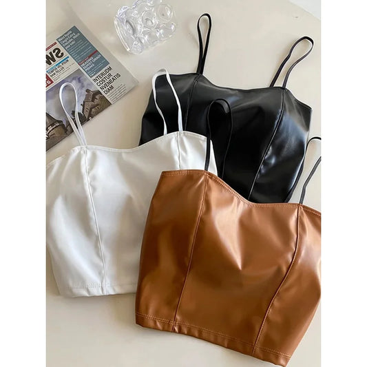 Women PU leather camis underwear padded bra