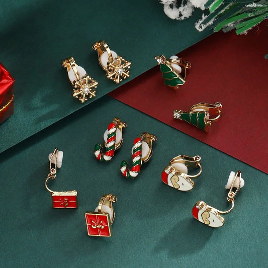 5 Pairs/Set Clip Earring for Women Small Cute Xmas Tree Snowflake Crutch Santa Claus