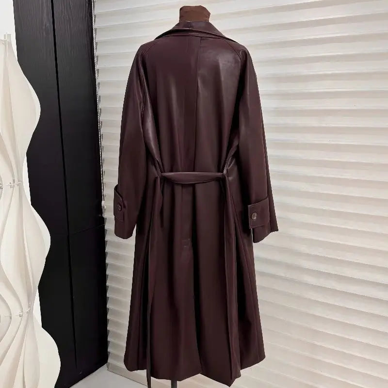 French temperament large lapel collar medium and long leather jacket