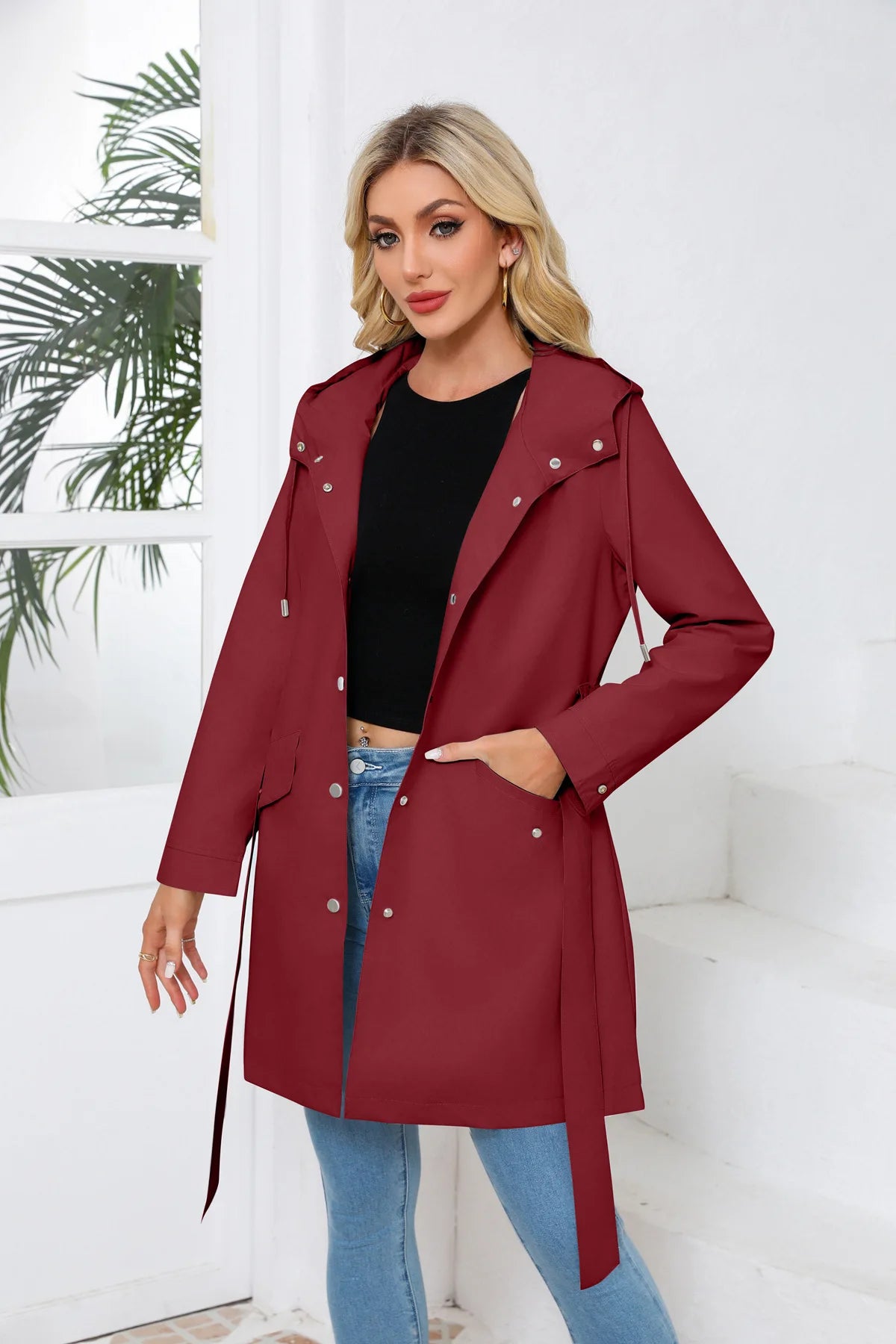 Hooded Water-repellent Jacket with Belt Thin Casual Loose Trench Coat