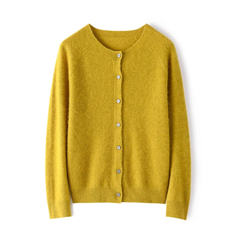 Cardigan Sweater O-Neck Button 100% Merino Wool
