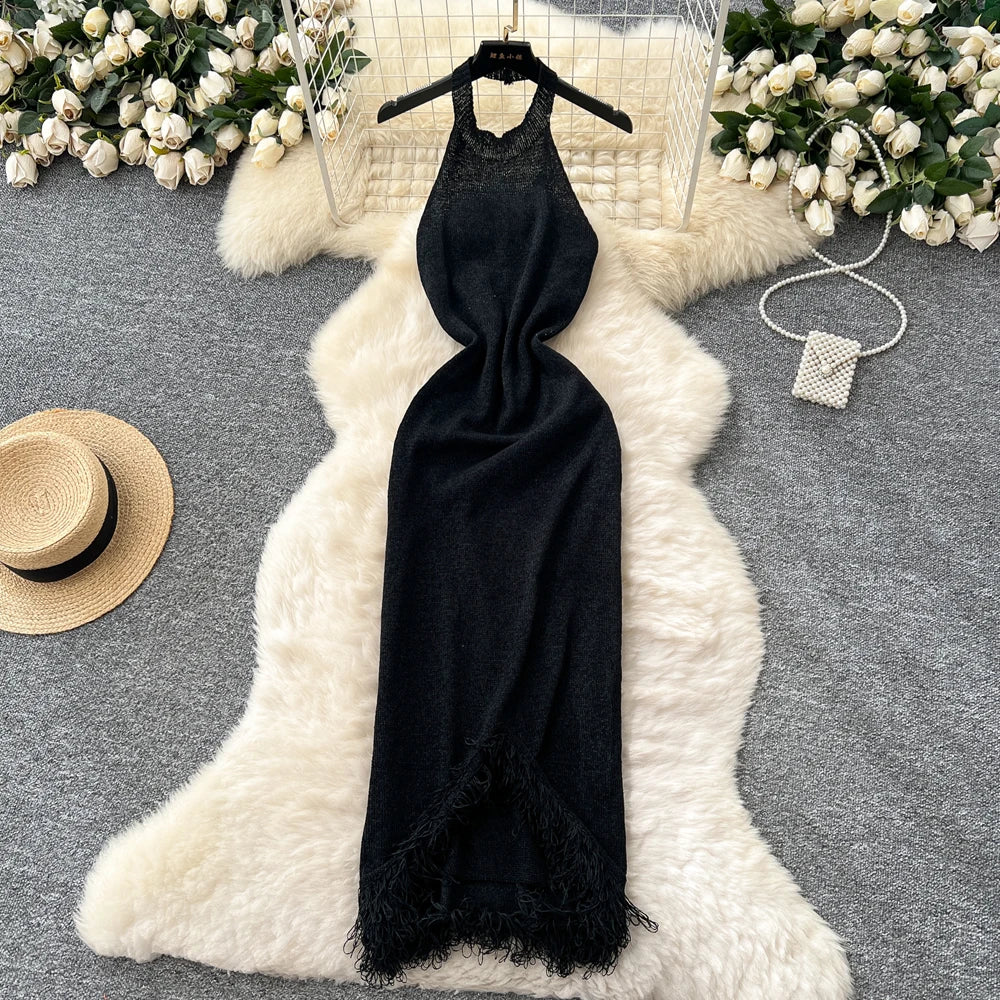 Sexy Halter Tassels Split Sleeveless Bodycon