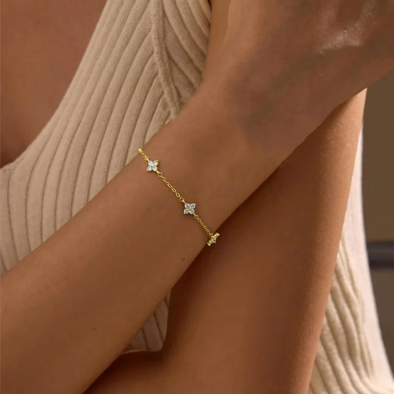 925 Silver Plated Cz Four-leaf Flower Bracelet