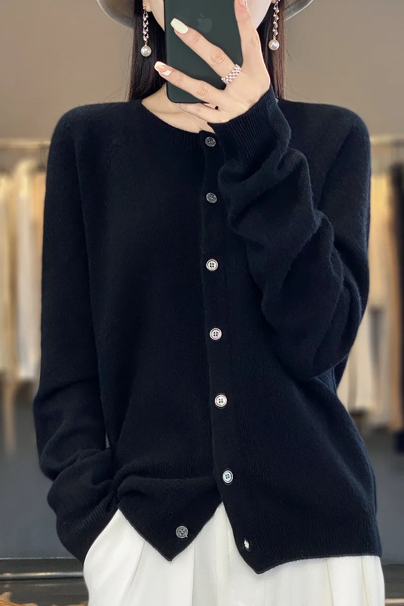 Cardigan Sweater O-Neck Button 100% Merino Wool