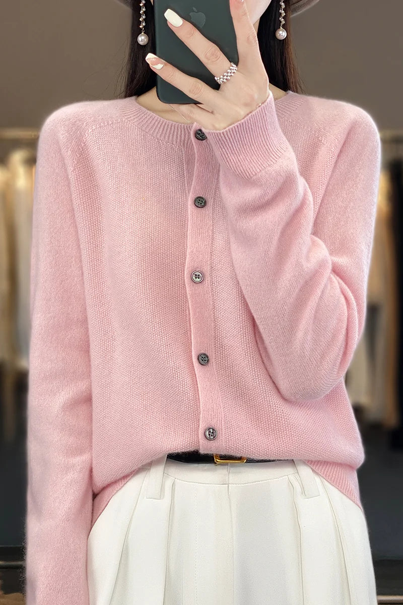 Cardigan Sweater O-Neck Button 100% Merino Wool